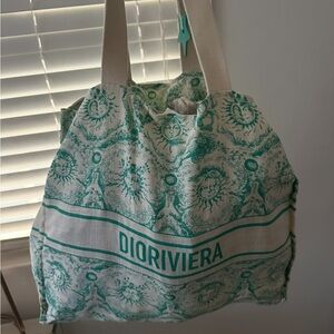 Riviera Teal and White Canvas Tote with Sun Motif